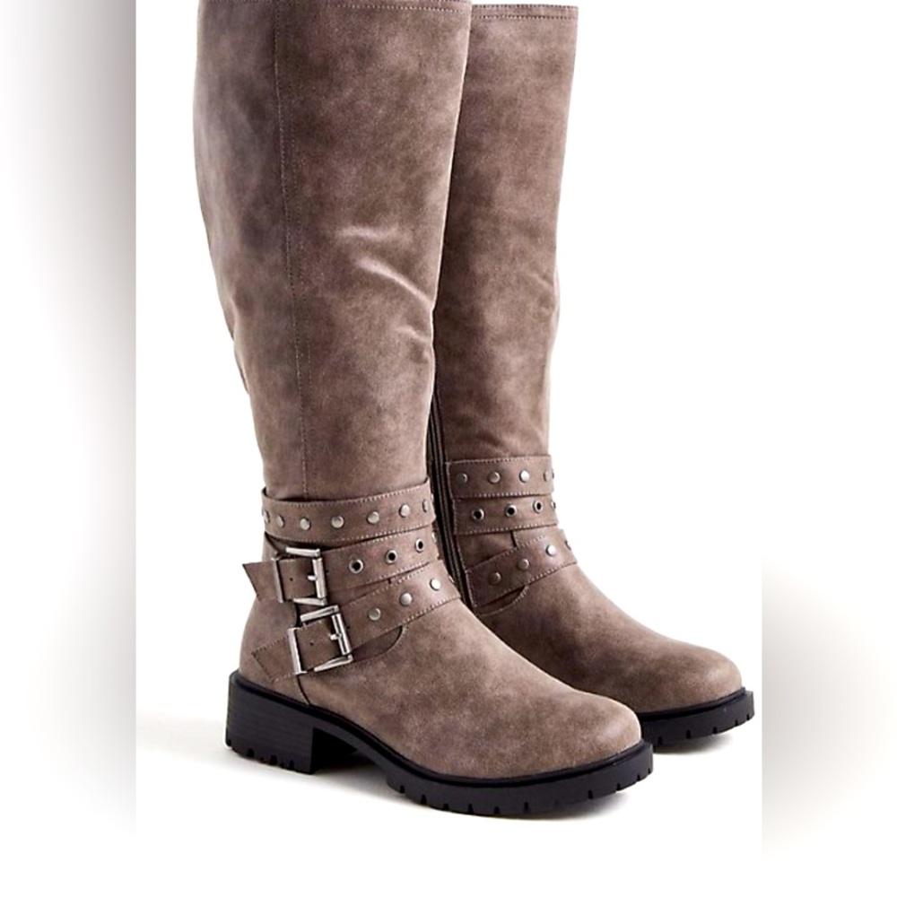 Torrid Studded Wrap Knee Boot - Grey Brown Faux Leather Wide Width WW
